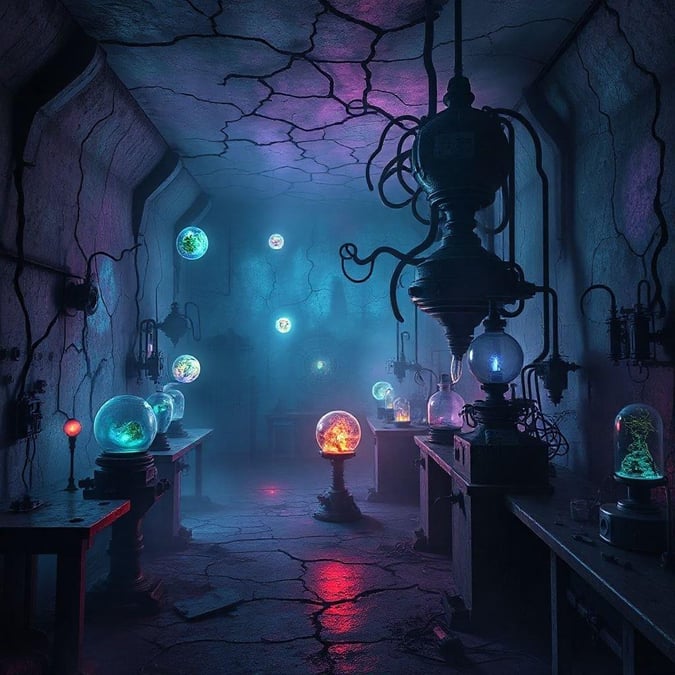 Enter the mystical world of alchemic artistry, where vibrant spheres pulse with otherworldly energy in this underground laboratory.