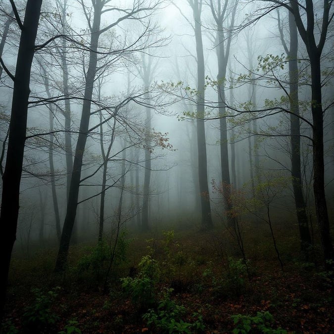 This serene wallpaper captures a misty forest scene, perfect for adding a touch of mystery to your desktop or mobile device.