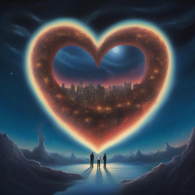 A couple stands at the city heart, where reality meets fantasy. A surreal night sky backdrop completes this Valentine's Day wallpaper.