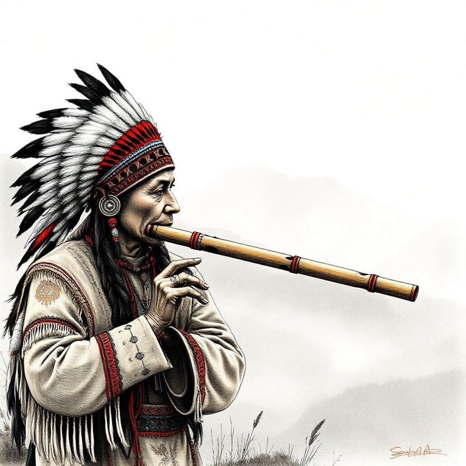 A Native American man plays a flute, creating a melody that carries the rich heritage and culture of his people. The image captures the tranquility and beauty of traditional music.