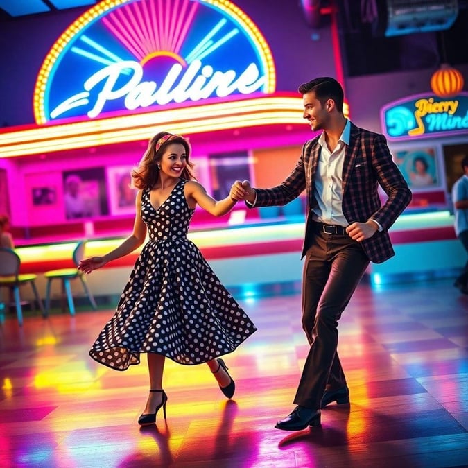 In the neon glow of a classic diner, a couple twists to the rhythm of an old-fashioned jukebox. Swing into retro style with vibrant colors and lively characters that capture the spirit of midcentury modern.