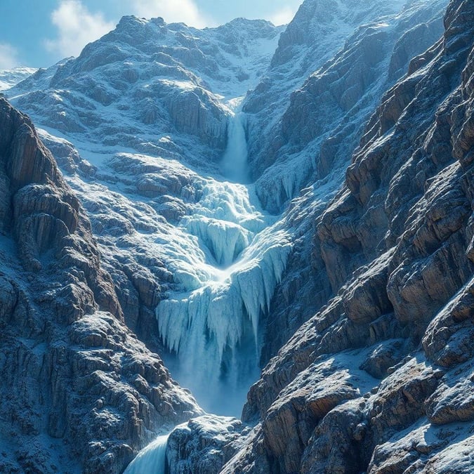 Experience the majestic beauty of snow-capped mountains as they give birth to a cascading waterfall frozen mid-fall. The breathtaking scene is captured in this stunning wallpaper, perfect for your desktop and mobile devices.