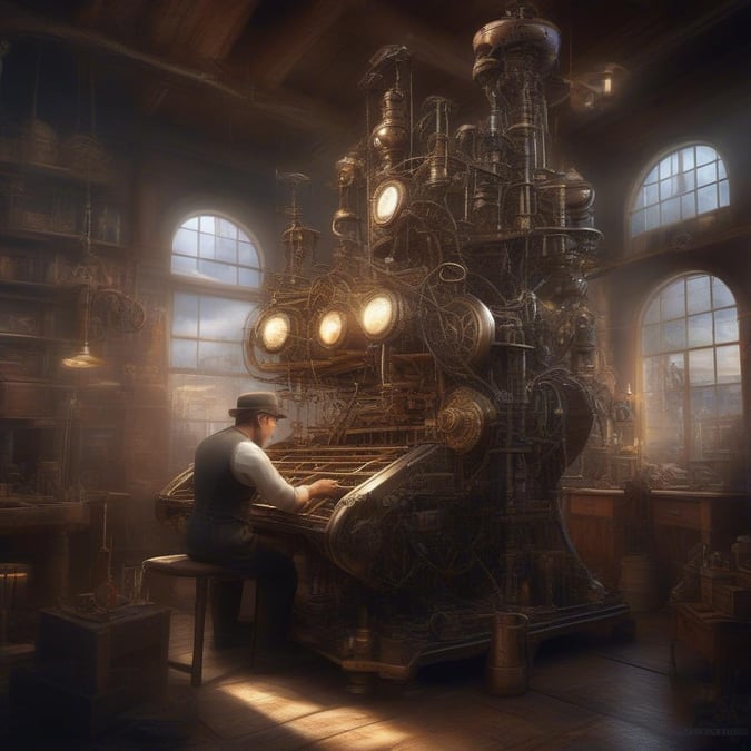 In this steampunk-inspired image, a tinkerer is immersed in his work amidst an array of mechanical devices and books.