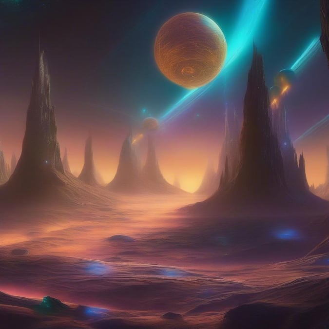 The cosmos unfold in an otherworldly scene, where planets and moons dance beneath a sky ablaze with celestial bodies. A surreal landscape where reality bends at the edge of the galaxy.