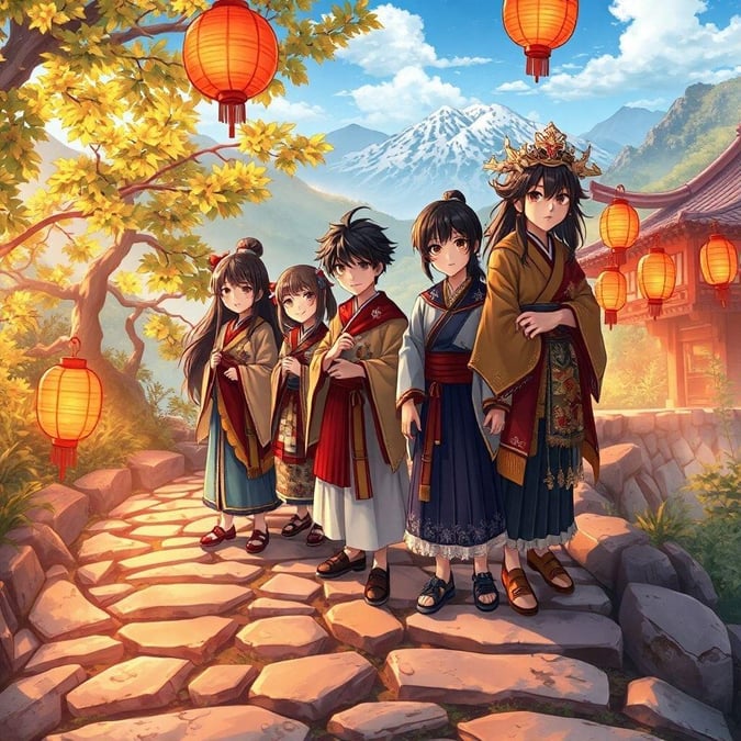 Treten Sie ein in eine Welt voller Wunder und Abenteuer mit diesem atemberaubenden Anime-Hintergrundbild. Eine Gruppe von Freunden, gekleidet in traditioneller japanischer Folklorekleidung, steht zusammen auf einem felsigen Weg, umgeben vom warmen Glanz der Laternen und der majestätischen Schönheit der Natur.