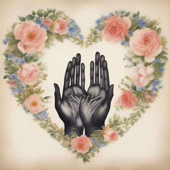 This beautiful wallpaper features a pair of hands in the center, surrounded by a heart-shaped floral design. The hands are depicted in a romantic pose, with their palms facing upwards and their fingers intertwined. The floral design is made up of pink roses, blue forget-me-nots, and green leaves, creating a stunning and elegant visual effect. This wallpaper is perfect for anyone looking to add a touch of romance and love to their digital space.