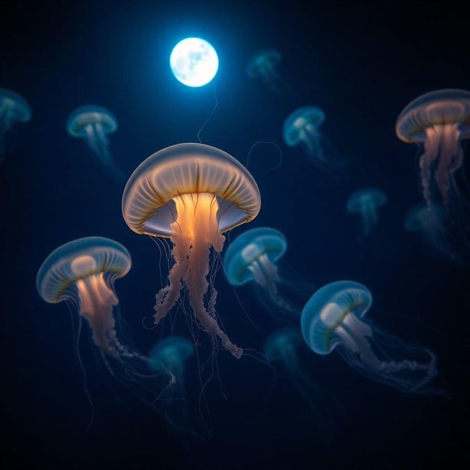 A serene and captivating scene of jellyfish swimming in the moonlight, perfect for your desktop or mobile wallpaper.