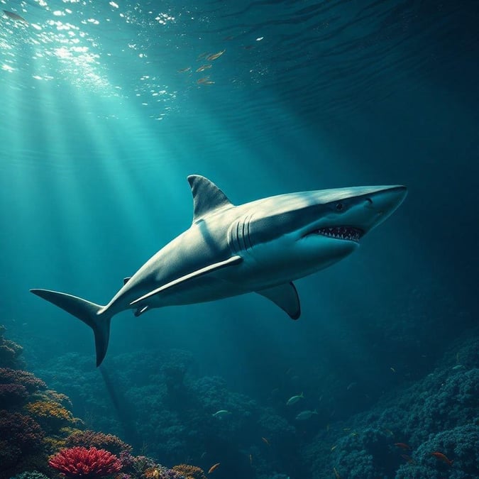 A great white shark cruising in the depths of the ocean, surrounded by a vibrant coral reef ecosystem. Perfect for those who love marine life.