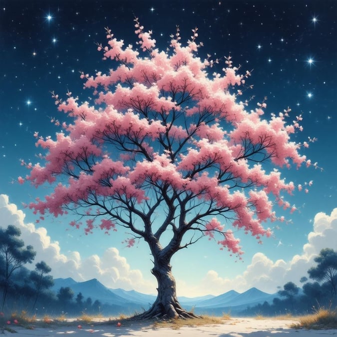 Immerse yourself in the serene beauty of an anime-style sakura tree, its branches adorned with vibrant pink flowers, set against the breathtaking backdrop of a starry night sky.