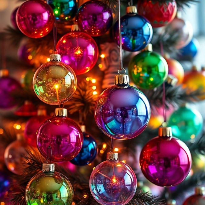 This vibrant mix of colored glass ornaments adds a festive touch to any holiday decor. The variety of hues and sparkling reflections make for a cheerful and eye-catching display that would light up any room during the Christmas season.