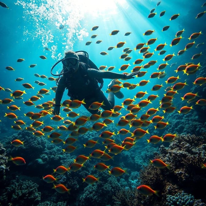 Exploring the vibrant marine life in a tropical dive spot, with brightly colored fish and clear waters.