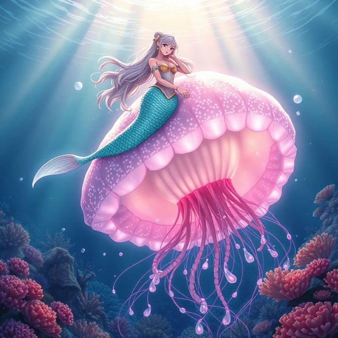 Immerse yourself in the enchanting world of anime with this captivating wallpaper featuring a mermaid princess riding on the back of a massive jellyfish. The intricate details of the jellyfish's patterns and vibrant colors are highlighted by a glowing light, creating a mesmerizing atmosphere.