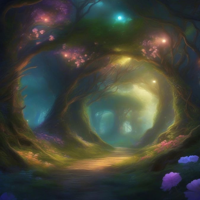 A mystical trail through a whimsical forest of fantasy, where every bend reveals new beauty and wonder.