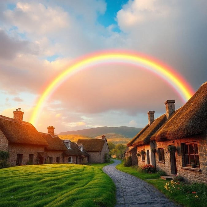 A beautiful rainbow arches over a village celebrating the festive spirit of St. Patrick's Day. The cobblestone streets and thatched roof cottages add a quaint charm to the scene, creating a picture-perfect setting for this joyous occasion.