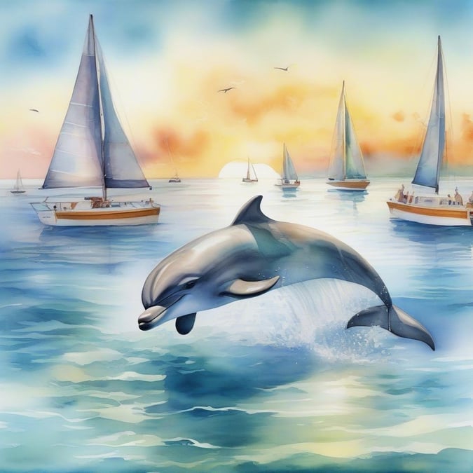 This sunset scene captures the essence of marine life. The dolphin, a symbol of freedom and grace, is depicted leaping from the ocean waves under the warm glow of the setting sun. The sky paints a serene backdrop with the gentle presence of sailboats floating in the distance. This wallpaper brings a touch of nature's tranquility to your desktop.