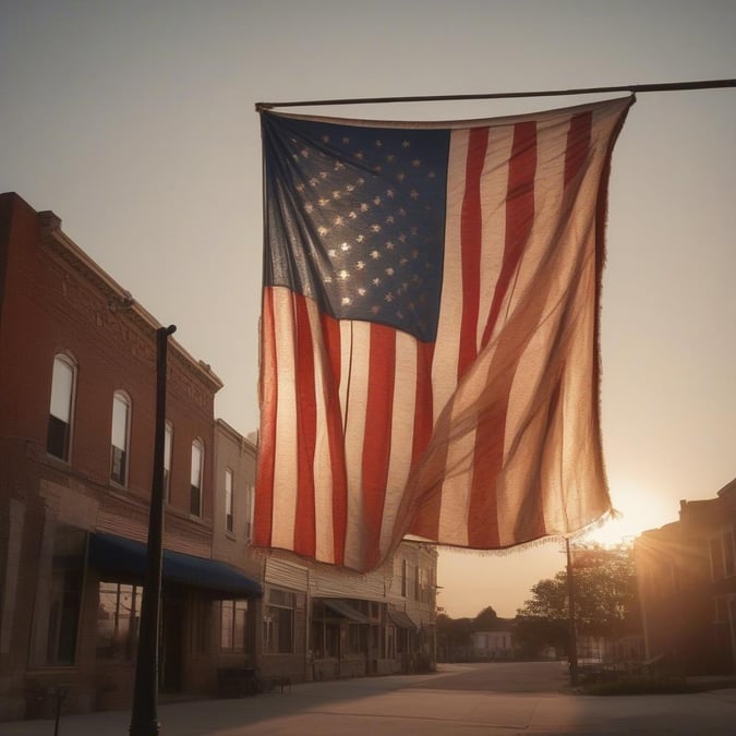 An American flag flying high over a small-town street, ready to celebrate the nation's birthday.