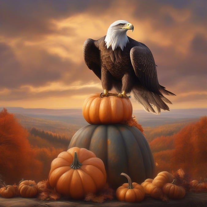 This beautiful wallpaper captures the essence of Thanksgiving, with a majestic eagle perched atop a pumpkin, symbolizing gratitude and abundance. The image exudes a sense of warmth and coziness, perfect for the fall season. Whether you're looking to add a touch of autumnal charm to your desktop or mobile device, this wallpaper is sure to delight.