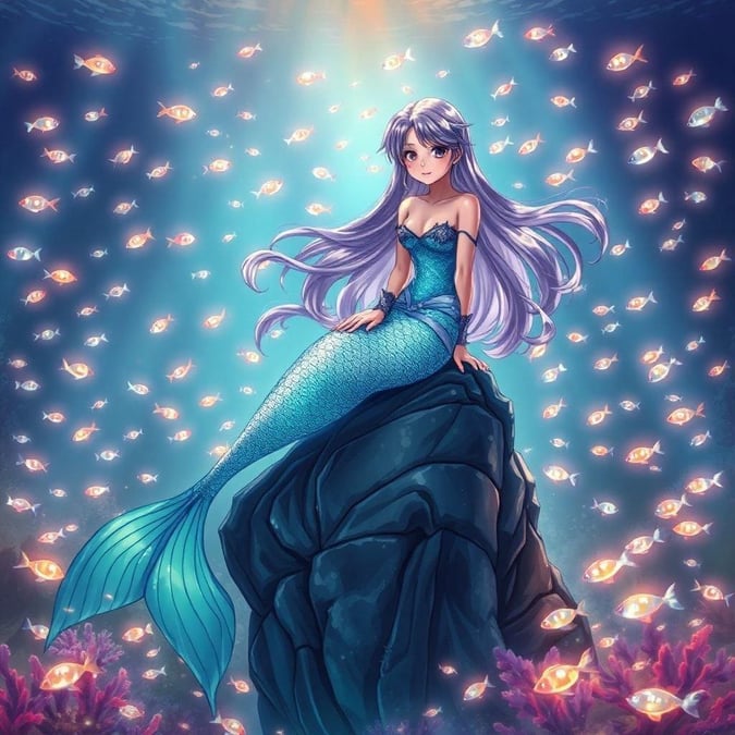 Immergiti nel mondo incantevole dell'anime con questo affascinante sfondo di sirena. L'espressione serena della sirena, combinata con il bagliore ipnotico dei piccoli pesci, crea un'atmosfera tranquilla perfetta per l'uso su desktop e mobile.