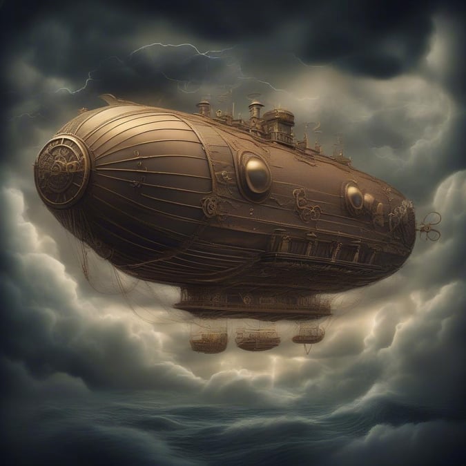 Embark on a thrilling journey with this steampunk-style airship, soaring through the stormy skies and exploring the unknown.