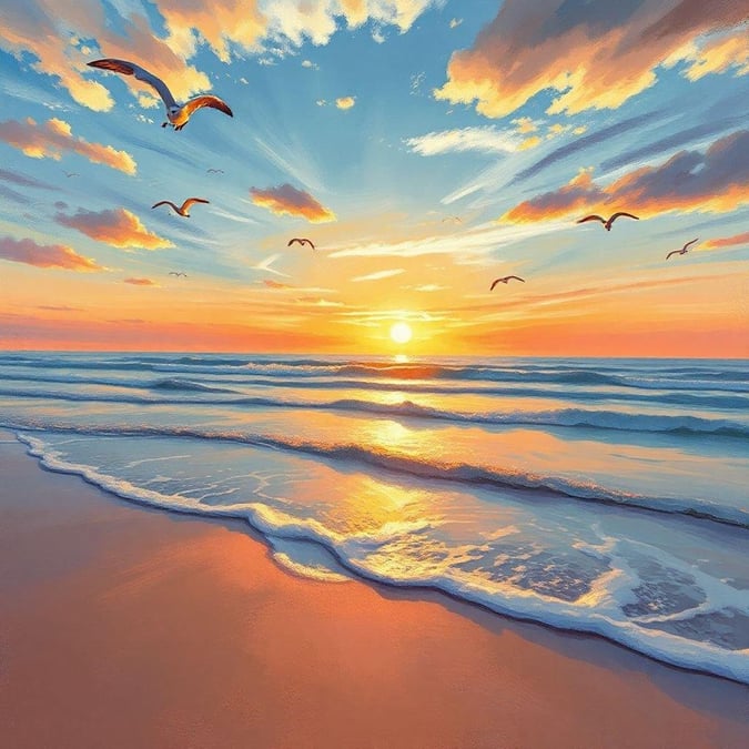 A tranquil scene with waves gently lapping against the shore as the sun dips below the horizon, with seagulls flying overhead and a vibrant sunset illuminating the sky.