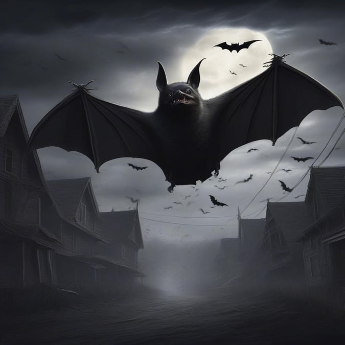 A brooding bat flies over a haunting village at midnight, embodying the eerie spirit of Halloween.