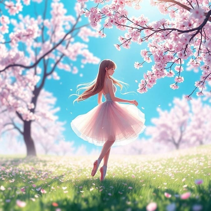 A serene and enchanting scene of a ballerina dancing amidst cherry blossom trees, evoking the dreamy and fantastical world of anime.