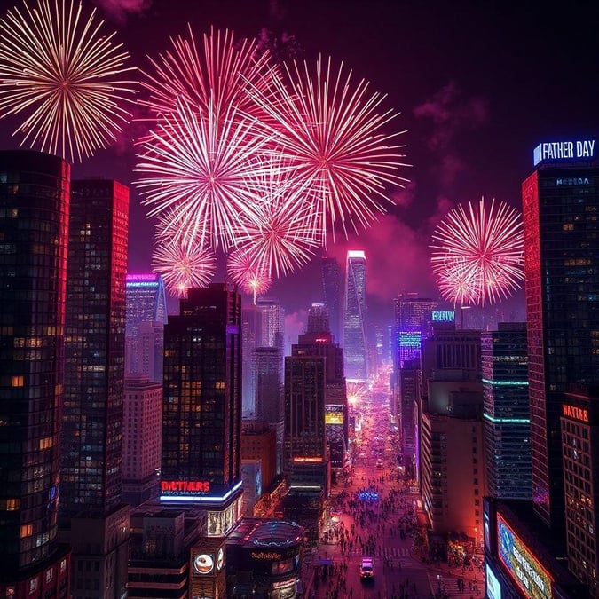 Celebrating the vibrancy of urban life, this image captures a bustling city skyline during a spectacular fireworks display on Father's Day.