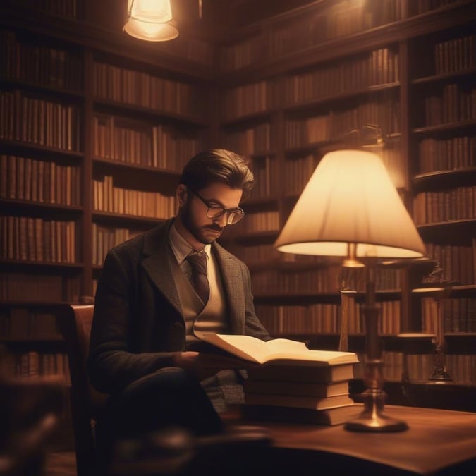 A serene and nostalgic scene of a man reading a book in a vintage library. The warm lighting and classic decor evoke a sense of calm and tranquility, making it perfect for a desktop or mobile wallpaper.