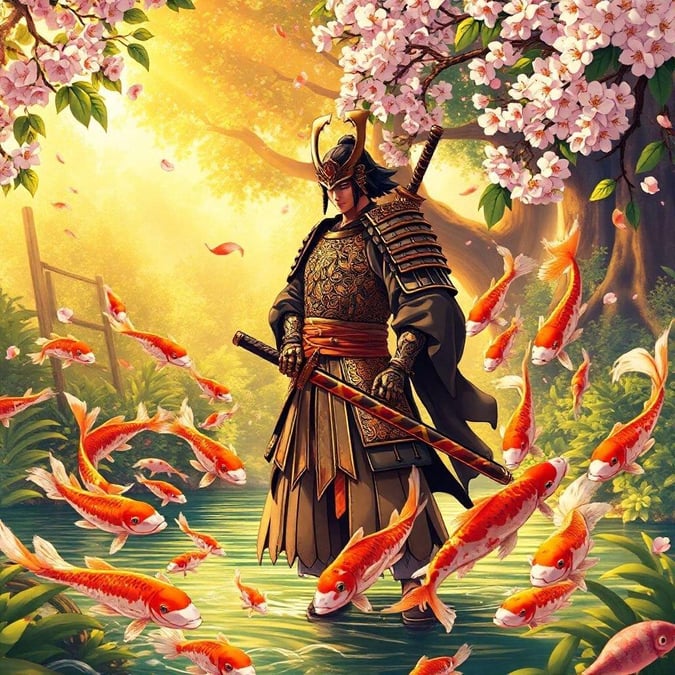 Immerse yourself in the serene beauty of this anime-inspired wallpaper, where a samurai warrior stands amidst a vibrant garden, surrounded by a kaleidoscope of colorful koi fish.