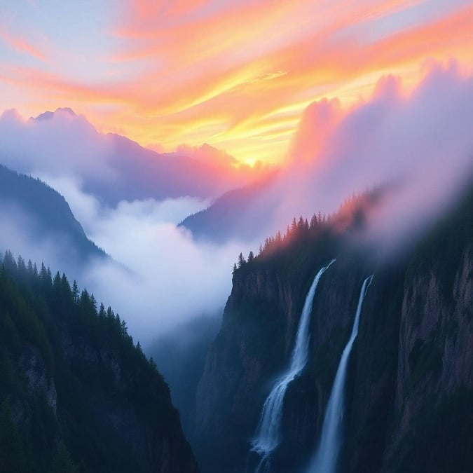 Uma vista tranquila de um deslumbrante pôr do sol, com os tons quentes se misturando no vale enevoado e na majestosa cachoeira.