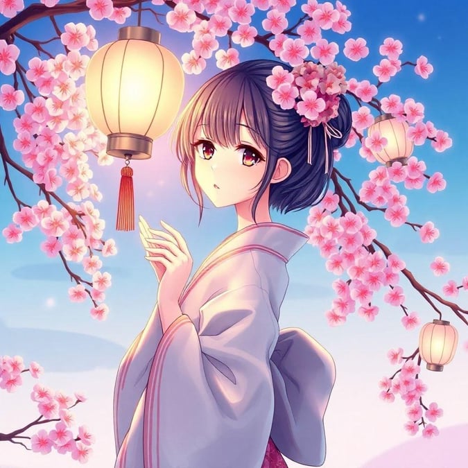 Una serena ilustración de anime que presenta a una delicada geisha adornada con un atuendo japonés tradicional. La escena tranquila se desarrolla contra el telón de fondo de flores de cerezo y faroles tradicionales, creando una atmósfera armoniosa que recuerda a los festivales de primavera.