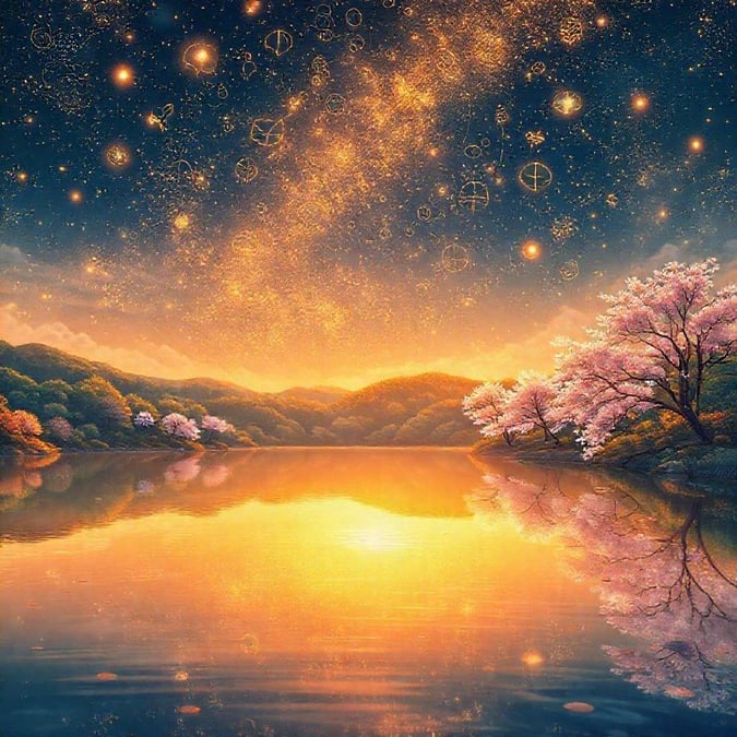 A serene anime-style lake at dawn, with a celestial map of the Japanese constellations in the sky, glowing with warm hues of orange and yellow.