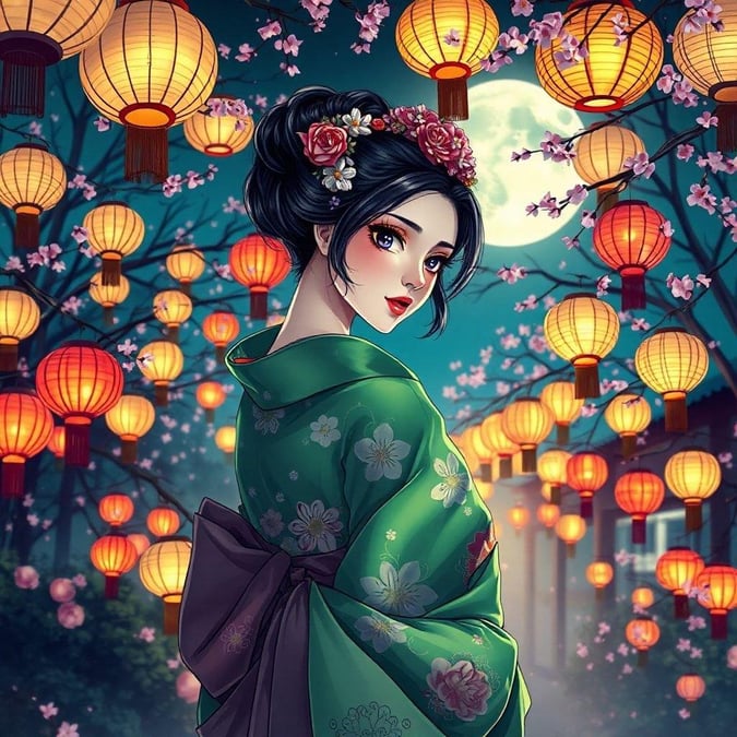 Immergiti nella bellezza serena di questo sfondo ispirato all'anime, che presenta una geisha in un magnifico kimono verde in un giardino illuminato dalla luna adornato con lanterne di carta.