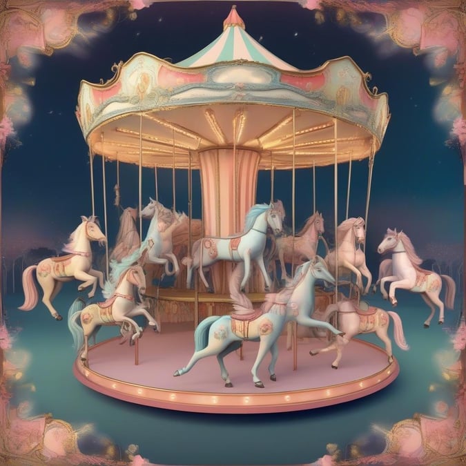 This magical carousel transports you to a world of fantasy where unicorns ride in place of horses, set against a starlit night sky.