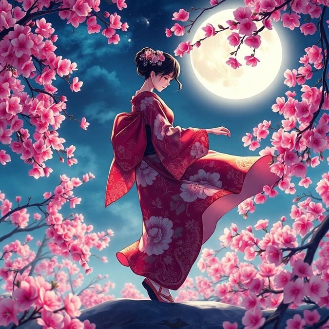 Immerse yourself in the serene beauty of an anime geisha dancing under the radiant light of a full moon, surrounded by vibrant pink cherry blossoms in a peaceful garden.