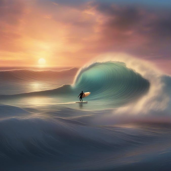 Experience the thrill of surfing with this dynamic wallpaper, set against the stunning backdrop of a sunset over the ocean.