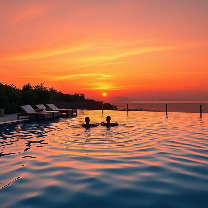 A romantic sunset swim in a tranquil infinity pool. Two people relaxing in the serene water under the warm glow of the setting sun.