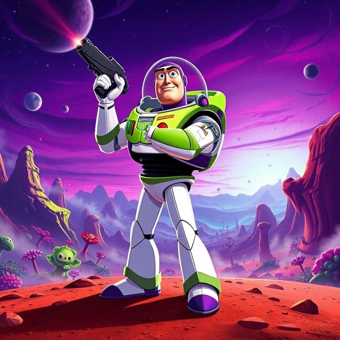 This vibrant wallpaper features Buzz Lightyear from the beloved Disney movie Toy Story, standing proudly on a desert planet with his trusty laser blaster in hand. The stunning background showcases a breathtaking sunset over a distant mountain range, creating a sense of adventure and excitement.