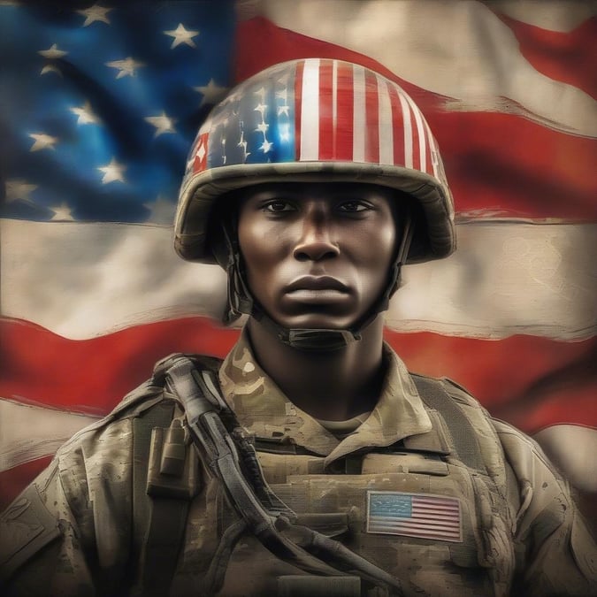 An American soldier stands with pride, as the backdrop is a flag that symbolizes the nation he serves. This wallpaper is perfect for Independence Day celebrations.