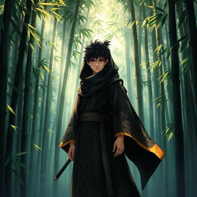 Immerse yourself in the mystical world of anime with this captivating wallpaper featuring a young ninja apprentice in a bamboo forest.