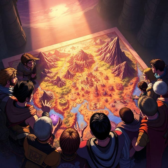 A group of adventurers in period costumes gather around an ancient map, illuminated by a mystical light. They seem to be deciphering clues about their next quest.