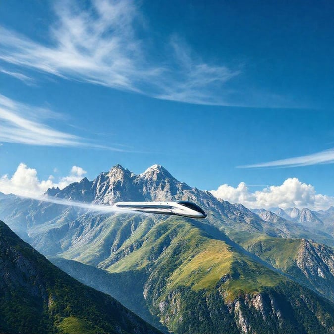 Breathtaking panorama showcasing majestic mountain peaks against a clear sky, with the added thrill of an airplane in flight adding to the sense of adventure.