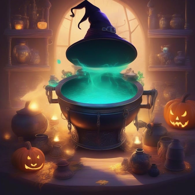 Get into the spooky spirit with this Halloween wallpaper. Perfect for desktop and mobile use, this wallpaper features a witch's cauldron surrounded by pumpkins and other Halloween decorations. The perfect way to add some festive flair to your device.