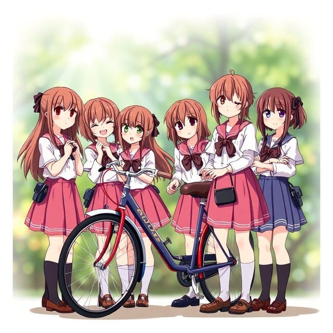 A group of schoolgirls in traditional attire find themselves on an adventure with a time-traveling bicycle. Their laughter and joy are palpable as they embark on this unforgettable journey.