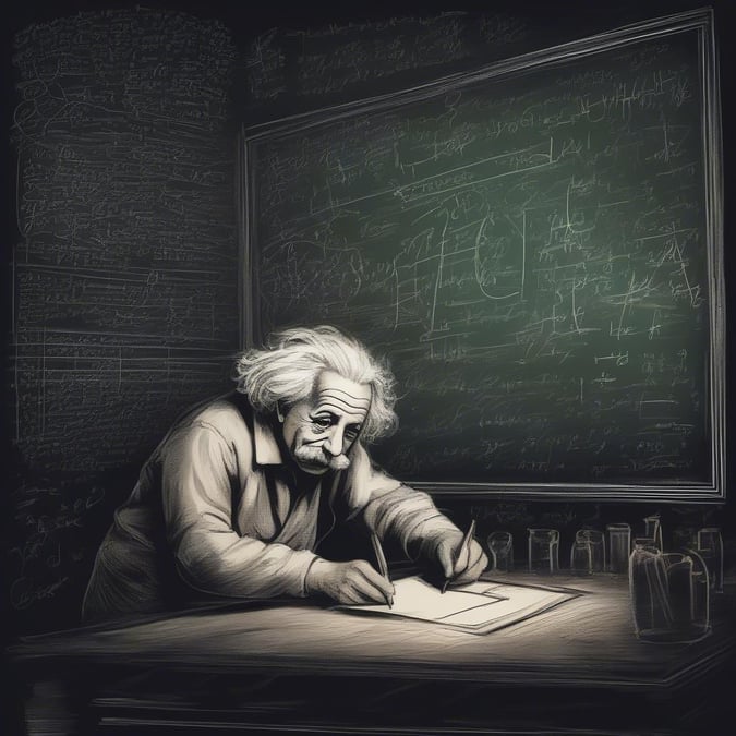 Einstein, the iconic scientist, deeply engrossed in his work on a chalkboard. The image captures the essence of scientific exploration.