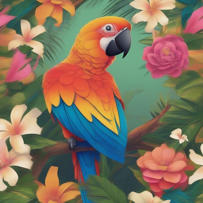 Discover the vibrant beauty of nature with this parrot, perched amidst a tropical flower garden.