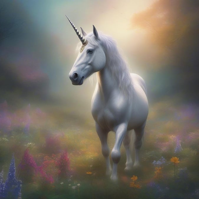 A majestic unicorn stands as the centerpiece in this enchanting wallpaper, surrounded by a field of vibrant flowers under a softly glowing sunset sky.