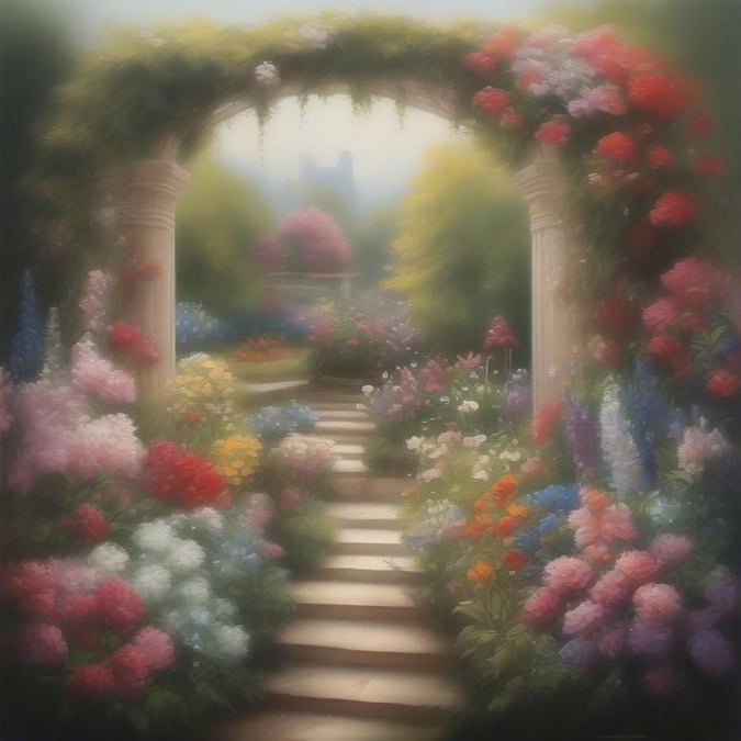 A picturesque garden entrance with an archway of flowers, inviting visitors into a serene and colorful world.