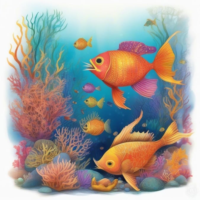 This image is a beautiful underwater scene with a variety of fish swimming in the ocean. The fish are all different colors and sizes, and they are swimming in different directions. The background of the image is a light blue color, which represents the water. The overall atmosphere of the image is one of peace and tranquility, and it would be a great addition to any room.