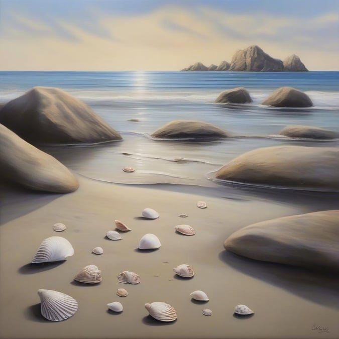 An idyllic seashore scene with rock formations, the sun setting on the horizon, and scattered shells from marine life.